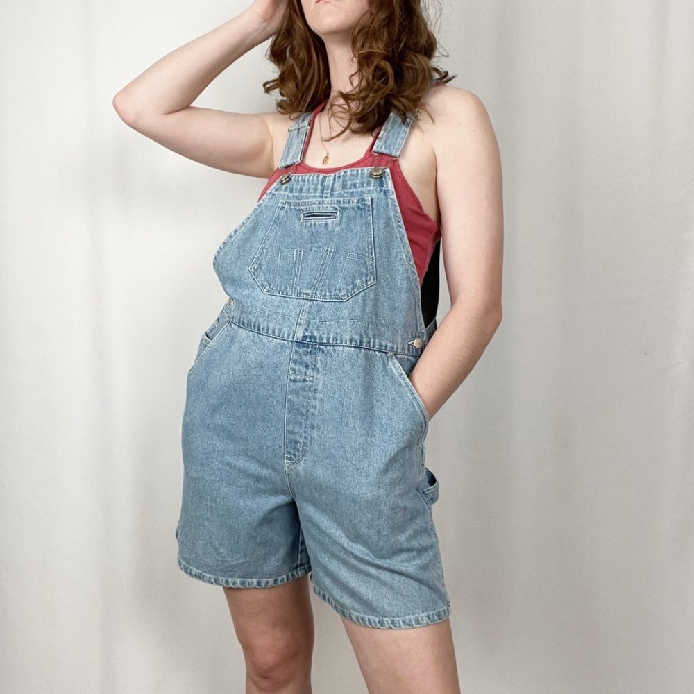 Vintage Oversized Rigid Denim High Rise Straight Leg Jean Romper Overall Shorts - Picture 6 of 10